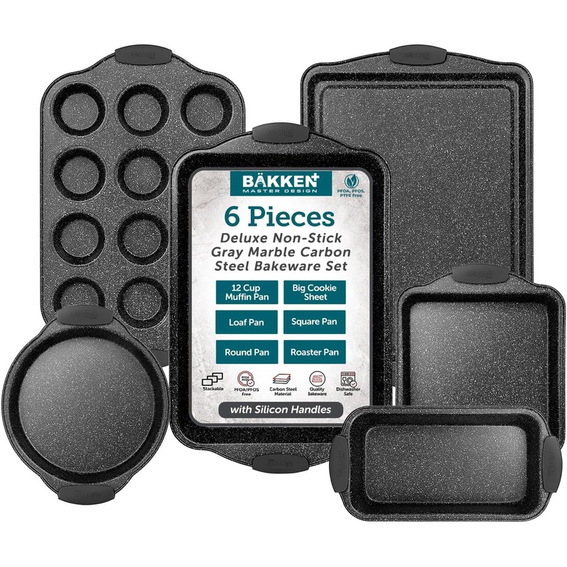6-Piece Nonstick Gray Marble Coated Bakeware Set – Professional Quality Carbon Steel Pans with Silicone Handles – Ideal for Oven, Refrigerator, Freezer – Dishwasher Safe | Bigbigmart.com
