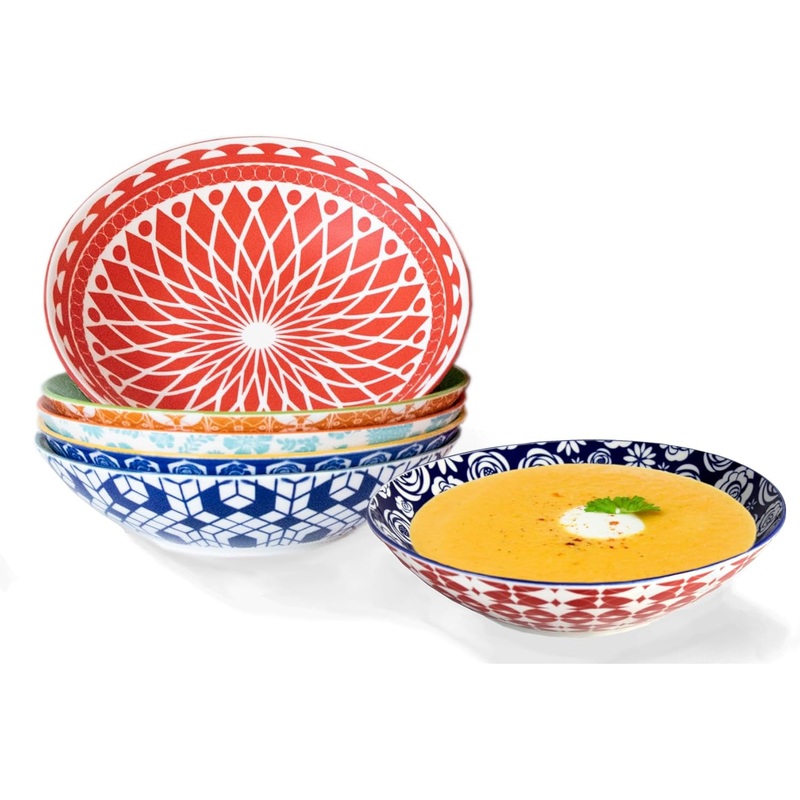 Annovero 42 oz Bowls | Large Soup and Pasta Bowls Set of 6 | Colorful Porcelain Shallow Bowl Plates for Soup, Pasta, Salad, or Fruit | Microwave & Oven Safe | Great for Parties or as Gift | Bigbigmart.com