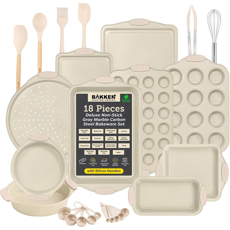 BAKKENMASTE 18-Piece Deluxe Nonstick Carbon Steel Bakeware Set – Professional Kitchen Oven Baking Pans with White Silicone Handles and Accessories | Bigbigmart.com