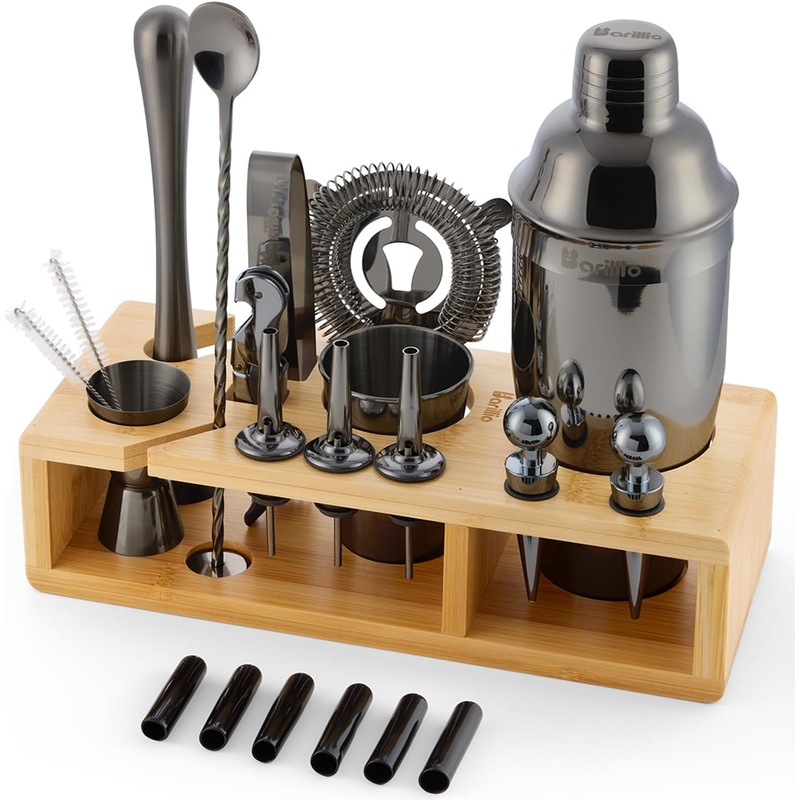 Barillio Black Bartender Kit – Stainless-Steel Cocktail Shaker Set w/Bamboo Stand – Mixology Bar Tools w/Drink Shaker, Mixer Spoon & Muddler for Cocktails – Home Bar Accessories – 23-Pc Bar Set | Bigbigmart.com