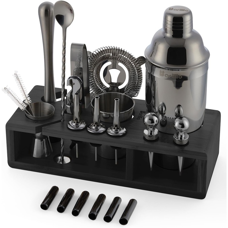 Barillio Black Bartender Kit – Stainless-Steel Cocktail Shaker Set w/Black Bamboo Stand – Mixology Bar Tools w/Drink Shaker, Mixer and Muddler for Cocktails – Home Bar Accessories – 23-Pc Bar Set | Bigbigmart.com