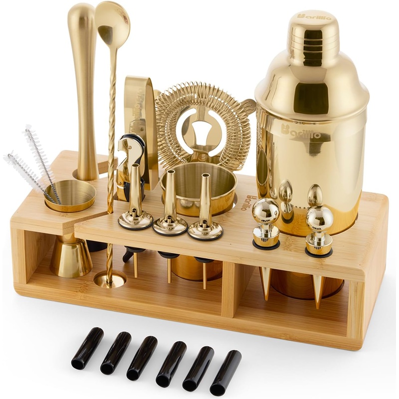 Barillio Gold Bartender Kit – Stainless-Steel Cocktail Shaker Set w/Bamboo Stand – Mixology Bar Tools w/Drink Shaker, Mixer Spoon and Muddler for Cocktails – Home Bar Accessories – 23-Pc Bar Set | Bigbigmart.com