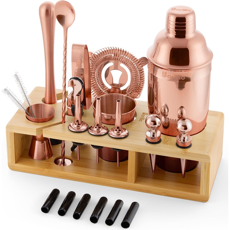 Barillio Rose Gold Bartender Kit – Stainless-Steel Cocktail Shaker Set w/Bamboo Stand – Mixology Bar Tools w/Drink Shaker, Mixer and Muddler for Cocktails – Home Bar Accessories – 23-Pc Bar Set | Bigbigmart.com