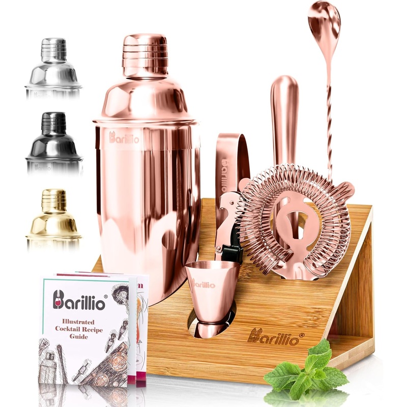Barillio Rose Gold Bartender Kit – Stainless-Steel Cocktail Shaker Set w/Bamboo Stand – Mixology Bar Tools w/Shaker, Drink Mixer Spoon & Muddler for Cocktails – Home Bar Accessories – 10-Pc Bar Set | Bigbigmart.com