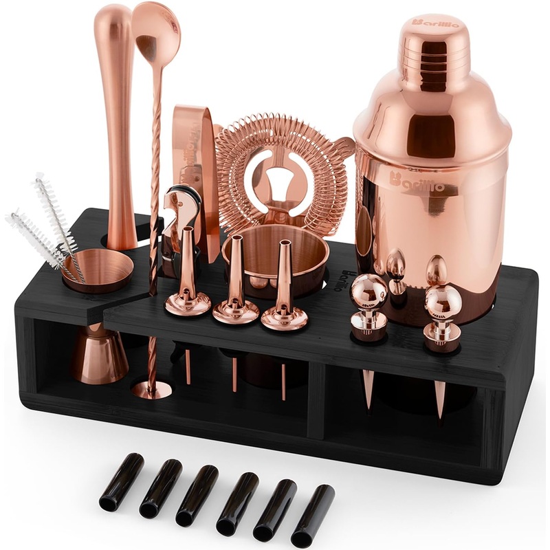 Barillio Rose Gold Bartender Kit – Stainless-Steel Cocktail Shaker Set w/Black Bamboo Stand – Mixology Bar Tools w/Drink Shaker, Mixer, Muddler for Cocktails – Home Bar Accessories – 23-Pc Bar Set | Bigbigmart.com