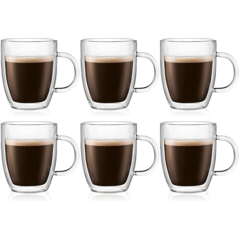 Bodum 10oz Bistro Double Wall Insulated Mug, High-Heat Borosilicate Glass, Set of 6, Clear | Bigbigmart.com