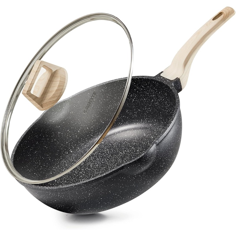CAROTE 12Inch Nonstick Deep Frying Pan with Lid, 5.5 Qt Jumbo Cooker Saute Pan with Pour Spout, Skillet Induction Cookware, Non Stick Cooking Pan PFOA Free, Classic Granite | Bigbigmart.com