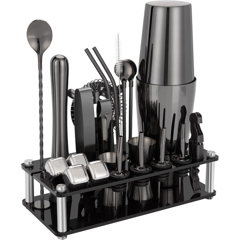 Cocktail Shaker Set, 23-Piece Boston Stainless Steel Bartender Kit with Acrylic Stand & Cocktail Recipes Booklet, Professional Bar Tools for Drink Mixing, Home, Bar, Party – Black | Bigbigmart.com