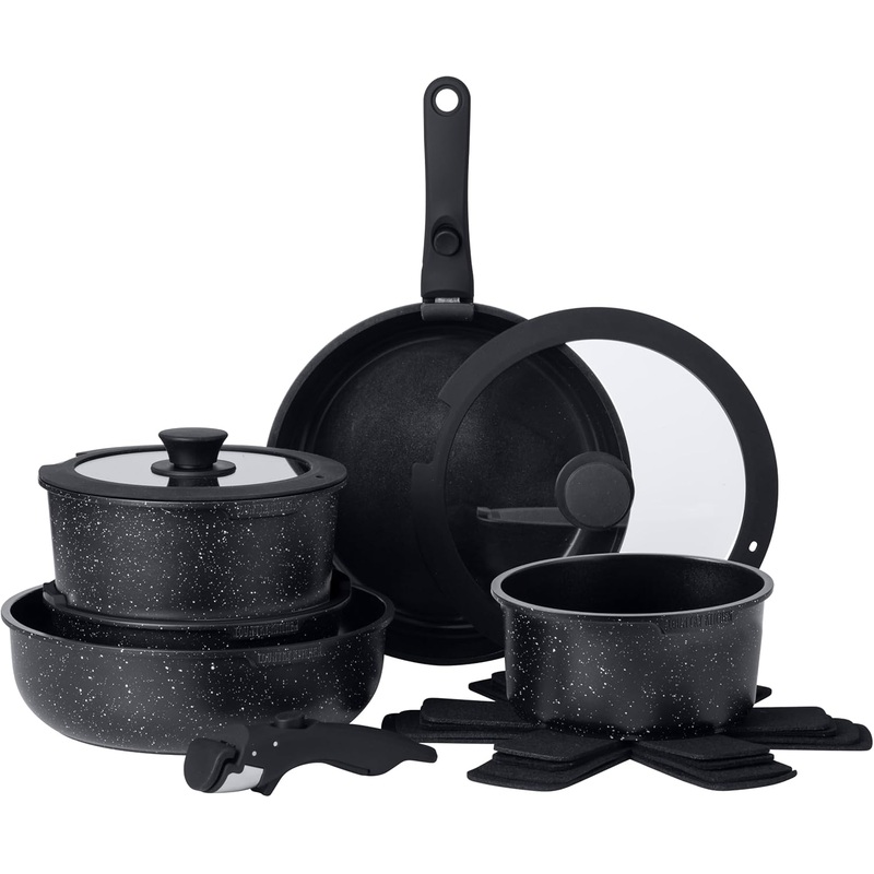Country Kitchen Cookware Set with Removable Handle, Oven & RV Safe Pots and Pans Set, Black, Original | Bigbigmart.com