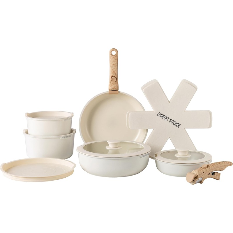 Country Kitchen Cookware Set with Removable Handle, Oven & RV Safe Pots and Pans Set, Cream Gold Speckle Wood Handle, Original | Bigbigmart.com
