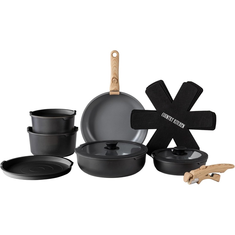 Country Kitchen Cookware Set with Removable Handle, Oven & RV Safe Pots and Pans Set, Cream Gold Speckle Wood Handle, Original, Black/Grey Wood Handle | Bigbigmart.com