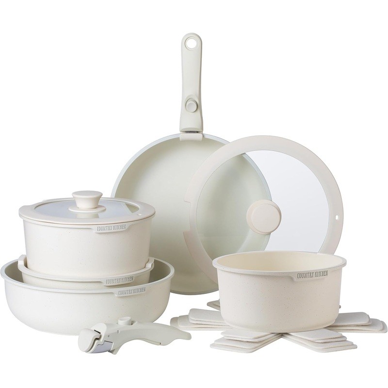 Country Kitchen Cookware Set with Removable Handle, Oven & RV Safe Pots and Pans Set, Cream, Original | Bigbigmart.com