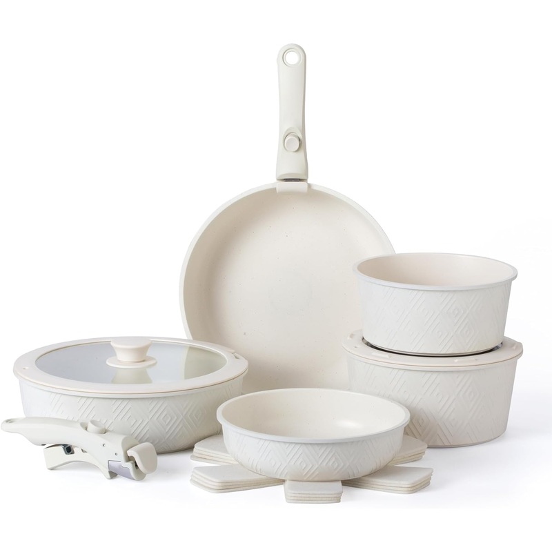 Country Kitchen Cookware Set with Removable Handle, Oven & RV Safe Pots and Pans Set, Cream Rhombus, Original | Bigbigmart.com