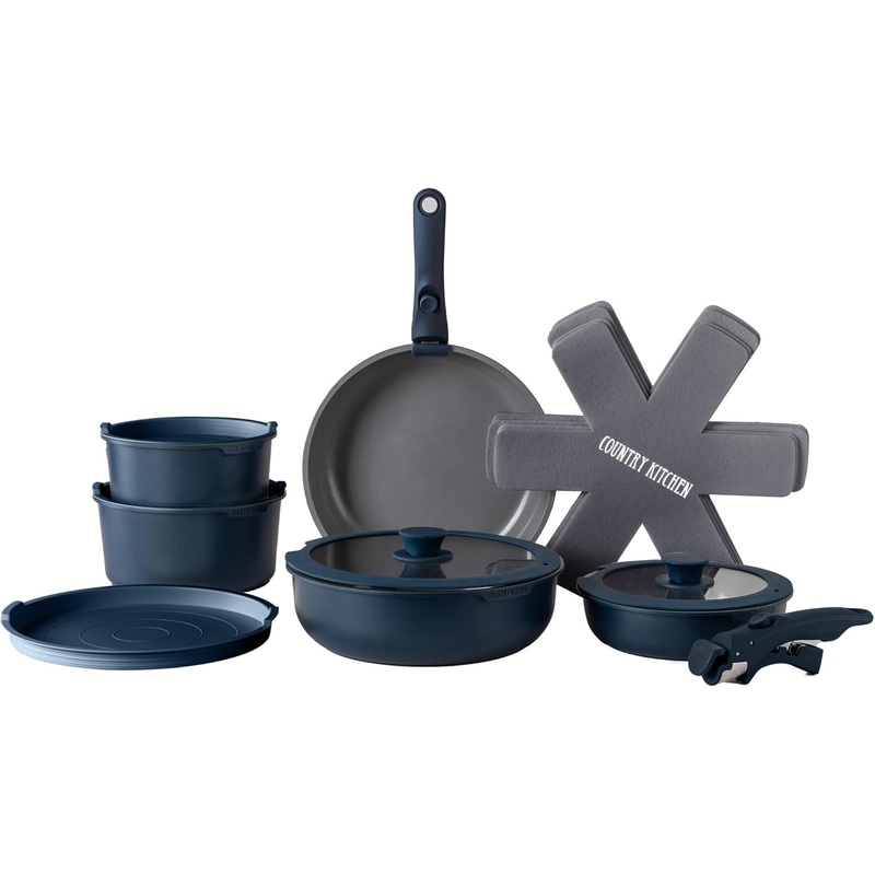 Country Kitchen Cookware Set with Removable Handle, Oven & RV Safe Pots and Pans Set, Denim, Original | Bigbigmart.com