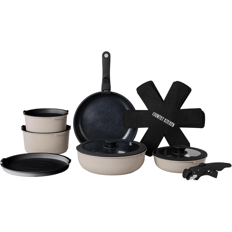 Country Kitchen Cookware Set with Removable Handle, Oven & RV Safe Pots and Pans Set, Grey/Black, Original | Bigbigmart.com