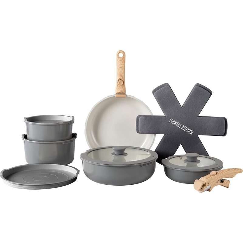 Country Kitchen Cookware Set with Removable Handle, Oven & RV Safe Pots and Pans Set, Grey/Ivory Wood Handle, Original | Bigbigmart.com