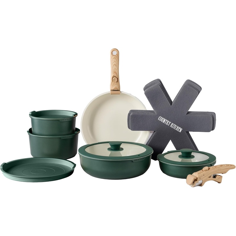 Country Kitchen Cookware Set with Removable Handle, Oven & RV Safe Pots and Pans Set, Sage Wood Handle, Original | Bigbigmart.com