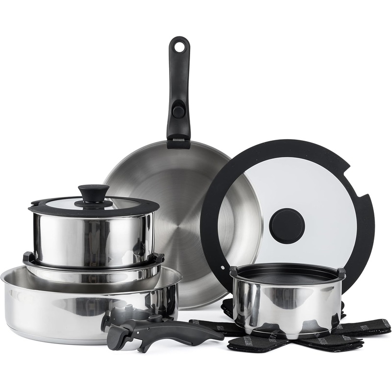 Country Kitchen Cookware Set with Removable Handle, Oven & RV Safe Pots and Pans Set, Stainless Steel, Original | Bigbigmart.com