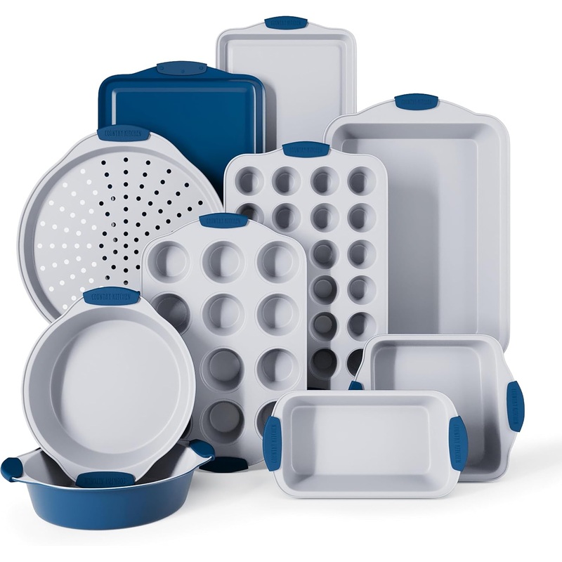 Country Kitchen Nonstick Stackable Bakeware Set – Durable, Easy Release Baking Set, Navy, 10 Pcs | Bigbigmart.com