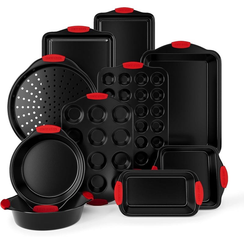 Country Kitchen Nonstick Stackable Bakeware Set – Durable, Easy Release Baking Set, Red, 10 Pcs | Bigbigmart.com