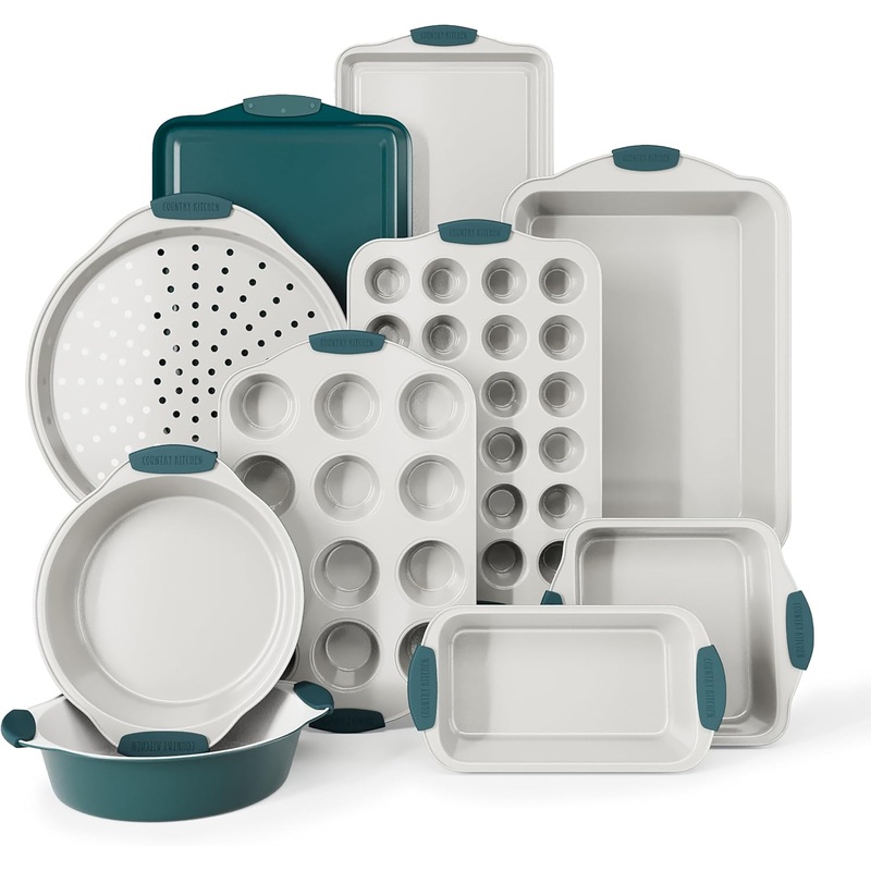 Country Kitchen Nonstick Stackable Bakeware Set – Durable, Easy Release Baking Set, Sage, 10 Pcs | Bigbigmart.com