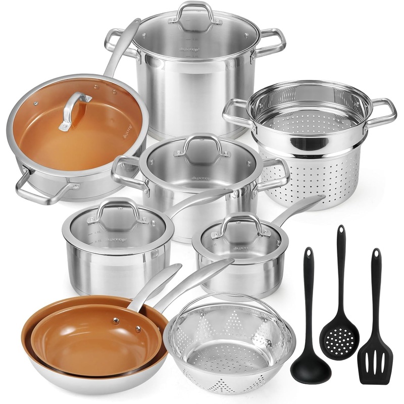 Duxtop 17PC Professional Stainless Steel Induction Cookware Set, Stainless Steel Ceramic Nonstick Pan Set, Impact-bonded Technology, FUSION Titanium Reinforced Ceramic Coating, Brown | Bigbigmart.com