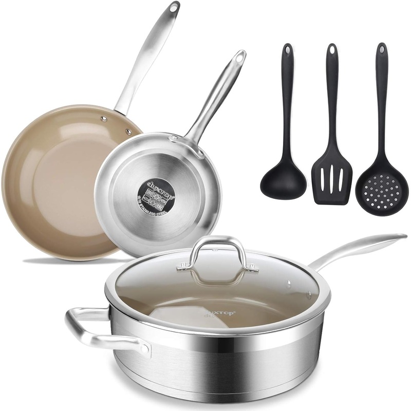 Duxtop 7PC Stainless Steel Ceramic Coated Nonstick Pans Set, Induction Frying Pans, Non-stick Saute Pan with Lid, Impact-bonded Technology | Bigbigmart.com