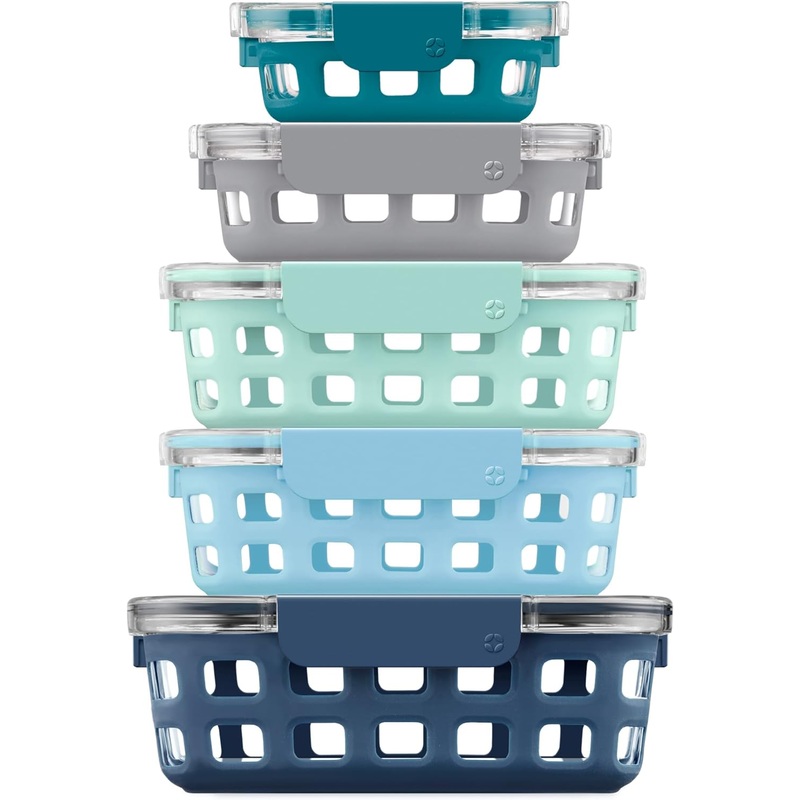 Ello Duraglass Mixed Meal Prep Sets Leak-Proof Glass Food Storage Containers with Silicone Sleeves and Airtight BPA-Free Lids, Dishwasher, Microwave, and Freezer Safe, Blue La La Mixed Set | Bigbigmart.com