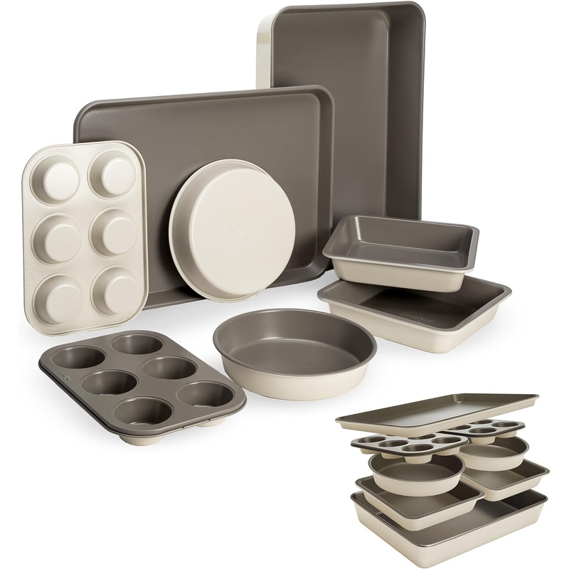 Goodful All-In-One Nonstick Bakeware Set, Stackable and Space Saving Design includes Round and Square Pans, Muffin Pans, Cookie Sheet and Roaster, Dishwasher Safe, 8-Piece, Blue Mist | Bigbigmart.com