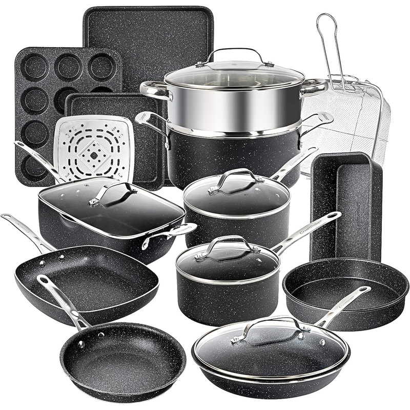 GRANITESTONE 20 Pc Kitchen Pots and Pans Set Non Stick Cookware Set, Kitchen Cookware Sets, Granite Nonstick Cookware Set, Diamond Coated Non Toxic Cookware Set, Oven & Dishwasher Safe – Black | Bigbigmart.com
