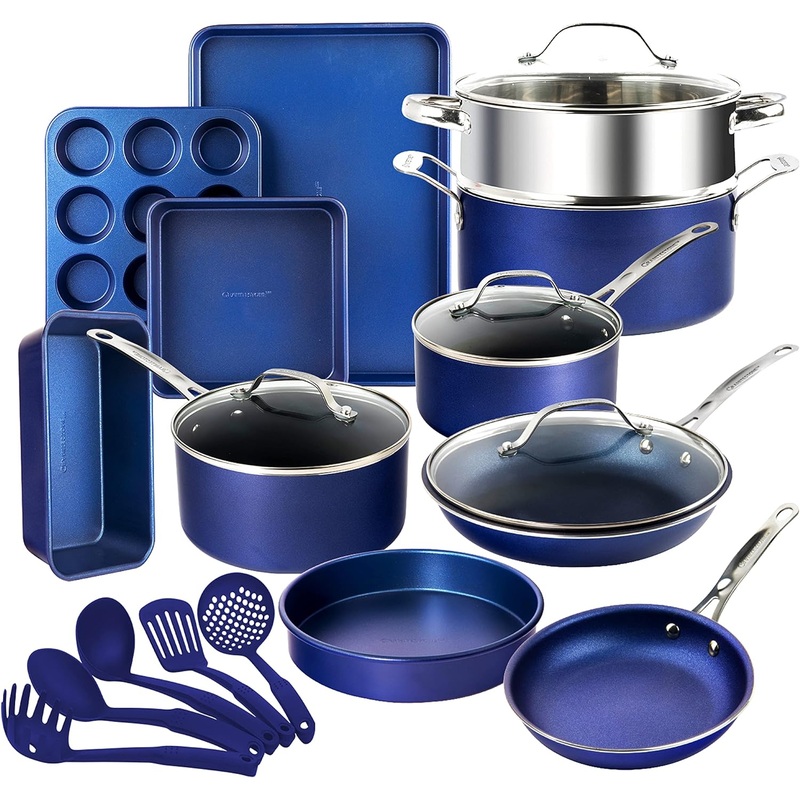 Granitestone 20 Piece Cookware Set Nonstick Pots and Pans Set Bakeware Set with Ultra Nonstick Durable Mineral & Diamond Coating 100% PFOA PFAS Free Cookware, Metal Utensil Oven & Dishwasher Safe-Blue | Bigbigmart.com