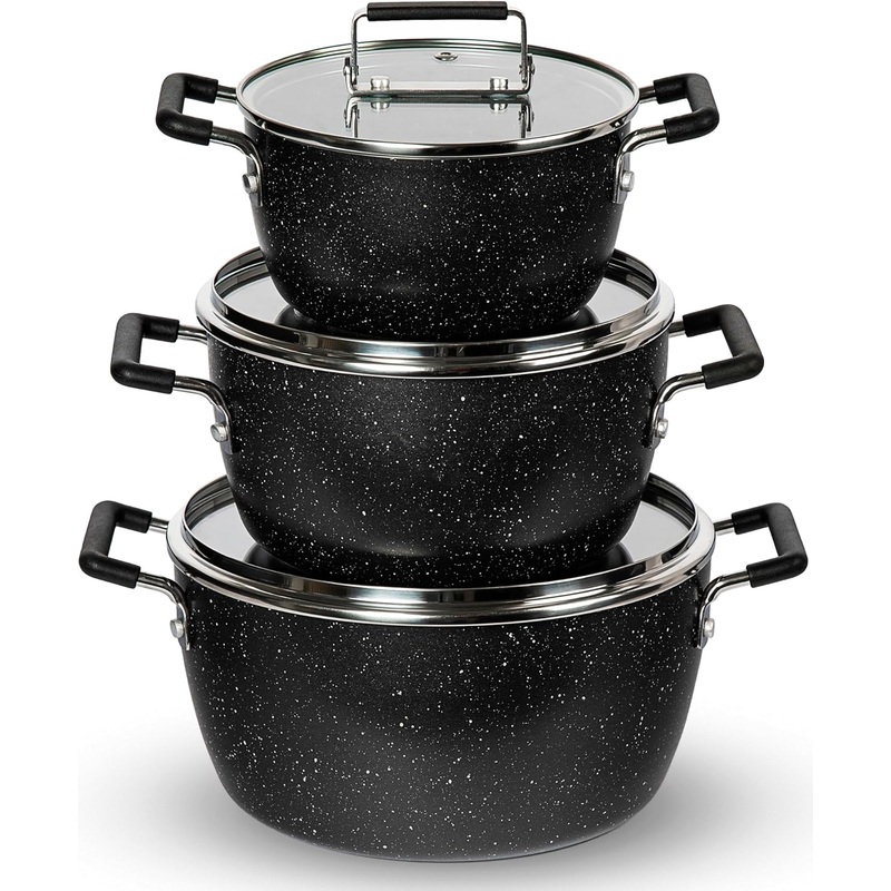Granitestone Black Pots and Pans Set Nonstick, 6 Stackable Piece Cooking Pots Set, Kitchen Pots, Non Stick Coating, 5qt 3qt & 1.5qt Pots with Lids, Stay Cool Handles Dishwasher Safe 100% Toxin Free | Bigbigmart.com