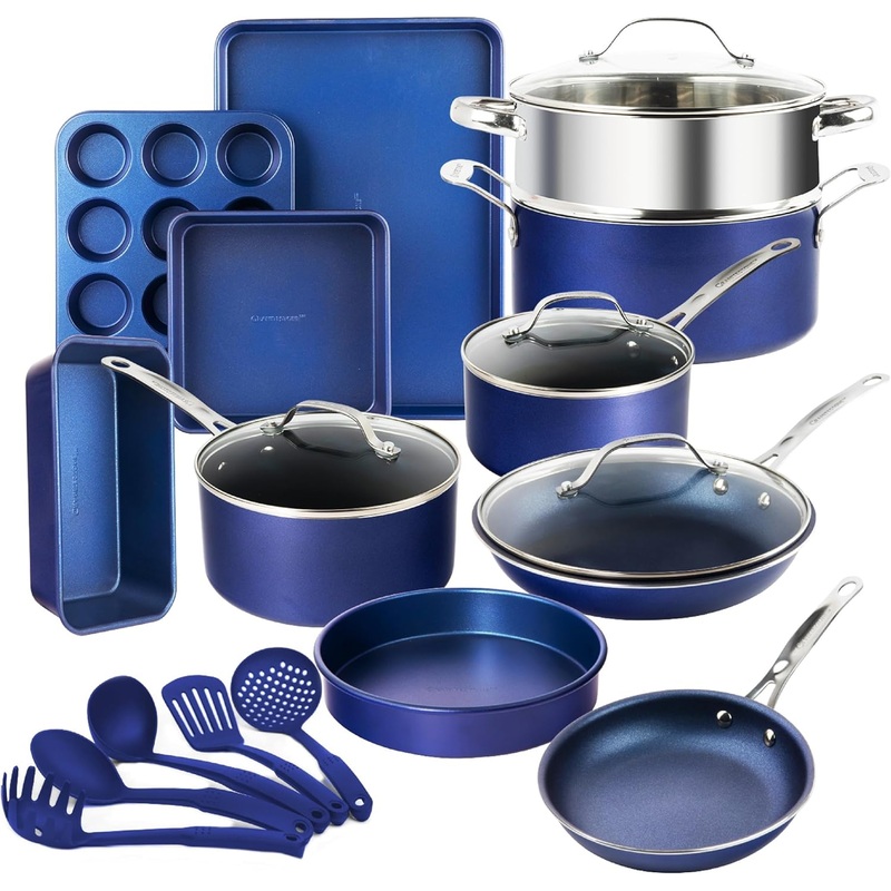 GRANITESTONE Blue 20 Pc Kitchen Pots and Pans Set Non Stick Cookware Set, Kitchen Cookware Sets, Granite Nonstick Cookware Set, Diamond Coated Non Toxic Cookware Set, Oven & Dishwasher Safe | Bigbigmart.com