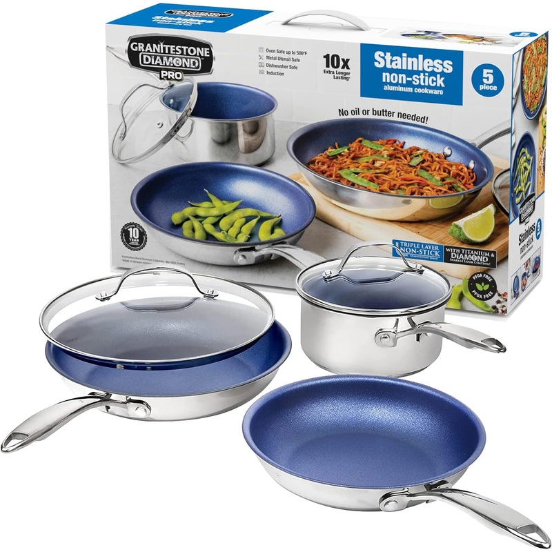 Granitestone Blue 5 Pc Stainless Steel Cookware Set, Kitchen Pots and Pans Set Non Stick, Kitchen Cookware Sets with Induction Cookware, Non Toxic, Dishwasher Safe | Bigbigmart.com