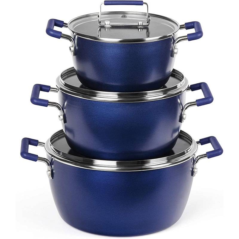 Granitestone Blue Pots and Pans Set Nonstick, 6 Stackable Piece Cooking Pots Set, Kitchen Pots, Non Stick Coating, 5qt 3qt & 1.5qt Pots with Lids, Stay Cool Handles Dishwasher Safe 100% Toxin Free | Bigbigmart.com