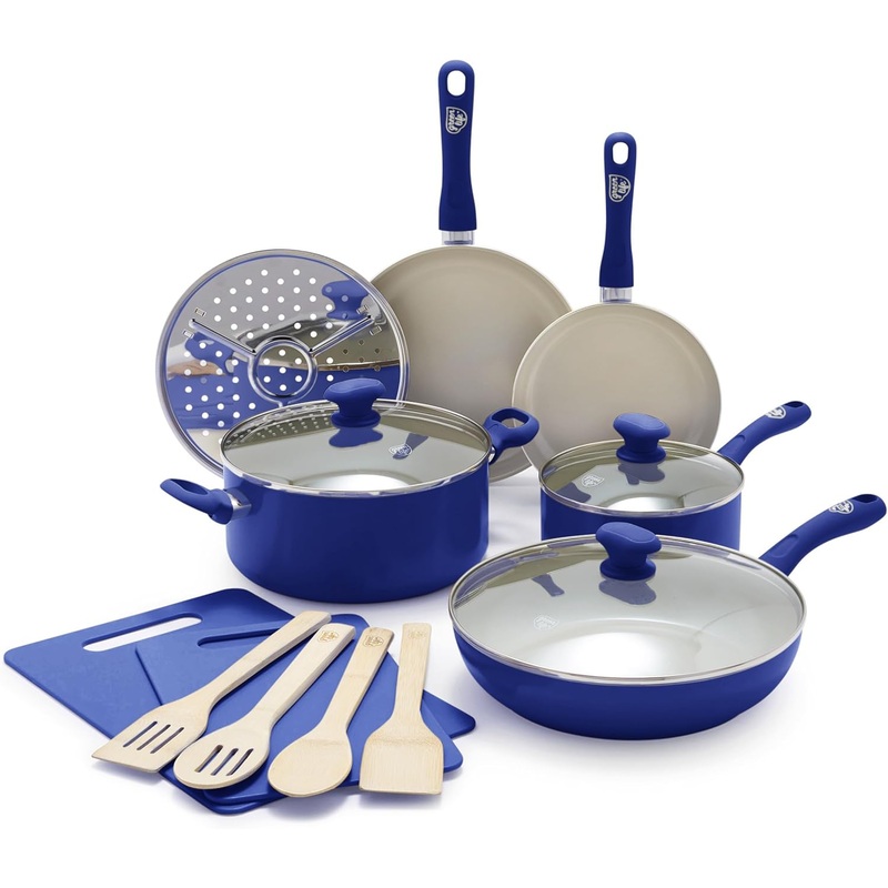 GreenLife Sandstone Healthy Ceramic Nonstick, 15 Piece Kitchen Cookware Pots and Frying Sauce Pans Set, PFAS- Free, Dishwasher Safe, Blue | Bigbigmart.com