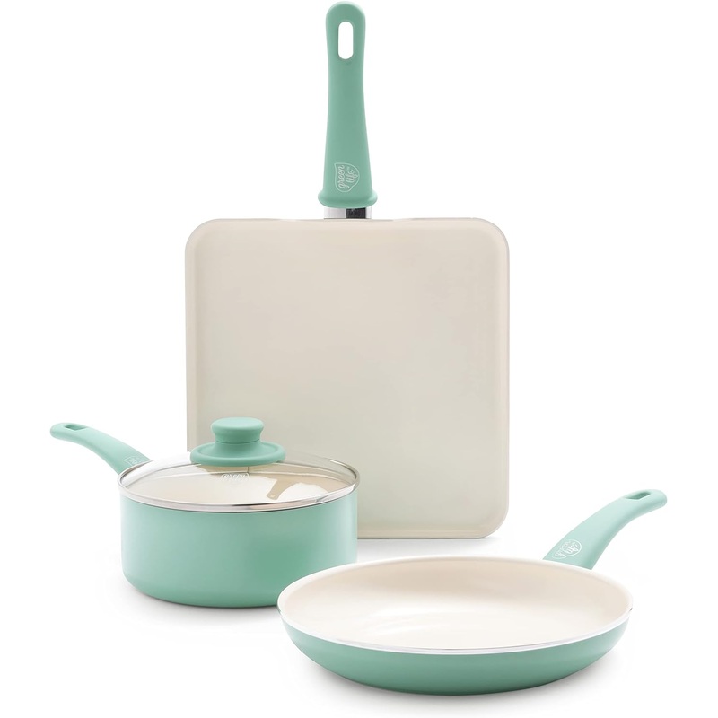 GreenLife Soft Grip Absolutely Toxin-Free Healthy Ceramic Nonstick Dishwasher/Oven Safe Stay Cool Handle Cookware Set, 4-Piece, Turquoise | Bigbigmart.com