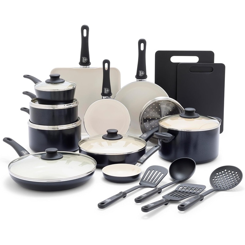 GreenLife Soft Grip Healthy Ceramic Nonstick 23 Piece Kitchen Cookware Pots and Frying Sauce Saute Pans Set with Kitchen Utensils, PFAS-Free, Dishwasher Safe, Black | Bigbigmart.com