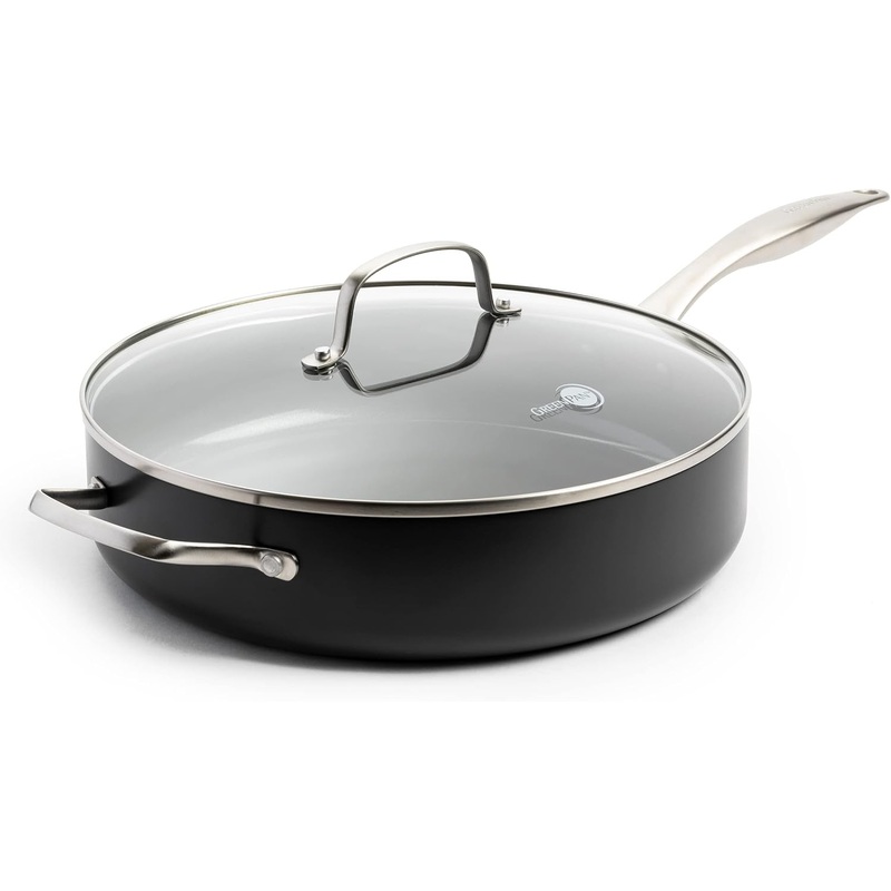 GreenPan Canterbury Hard Anodized Healthy Ceramic Nonstick, 5QT Saute Pan with Lid, PFAS-Free, Dishwasher Safe, Oven Safe, Black | Bigbigmart.com