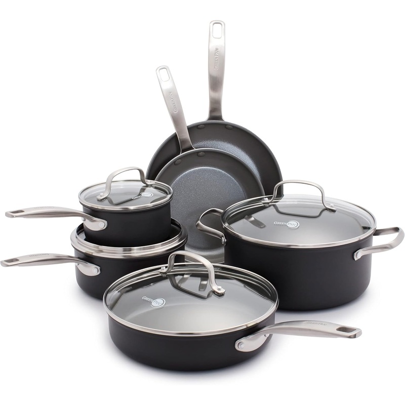 GreenPan Chatham Hard Anodized Healthy Ceramic Nonstick 10 Piece Cookware Pots and Pans Set, Frying Pan Skillets, Saucepans, Saute Pan, Stockpot, Lids, PFAS & PFOA-Free, Dishwasher & Oven Safe, Gray | Bigbigmart.com