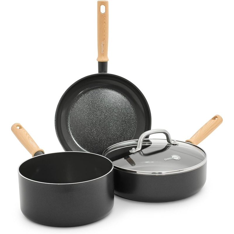 GreenPan Hudson Healthy Ceramic Nonstick, 4 Piece Cookware Pots and Pans Set, Vintage Wood Inspired Handle, PFAS-Free, Dishwasher Safe, Black | Bigbigmart.com