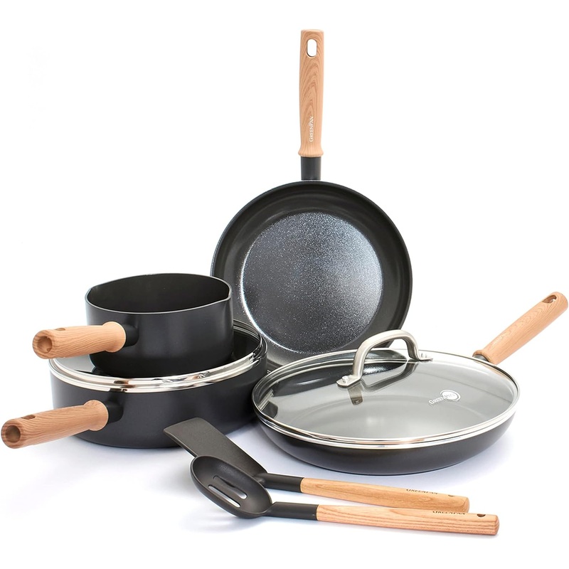 GreenPan Hudson Healthy Ceramic Nonstick, 8 Piece Cookware Pots and Pans Set, Vintage Wood Inspired Handle, PFAS-Free, Dishwasher Safe, Black | Bigbigmart.com