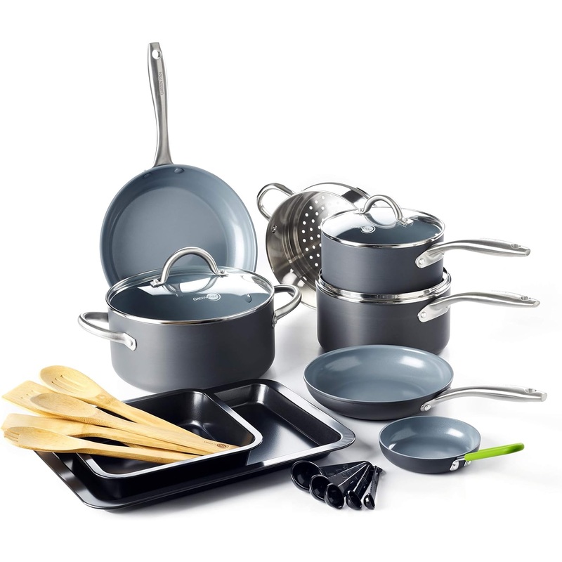 GreenPan Lima Hard Anodized Healthy Ceramic Nonstick 18 Piece Cookware Bakeware Pots and Pans Set, PFAS-Free, Oven Safe, Gray | Bigbigmart.com