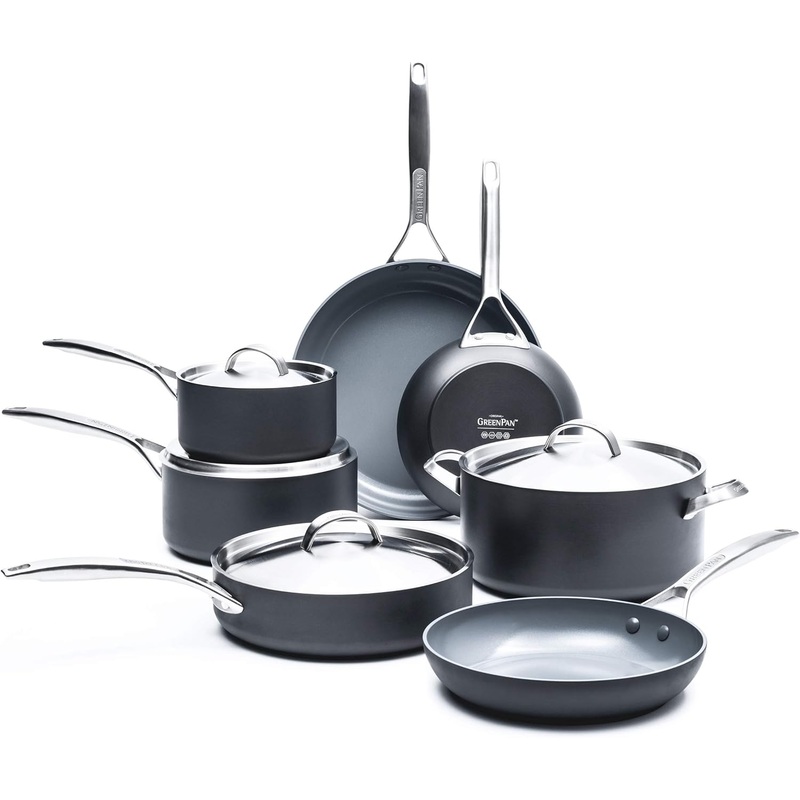 GreenPan Paris Pro Hard Anodized Healthy Ceramic Nonstick, 11 Piece Cookware Pots and Pans Set with Stainless Steel Lids, PFAS-Free, Dishwasher Safe, Grey | Bigbigmart.com