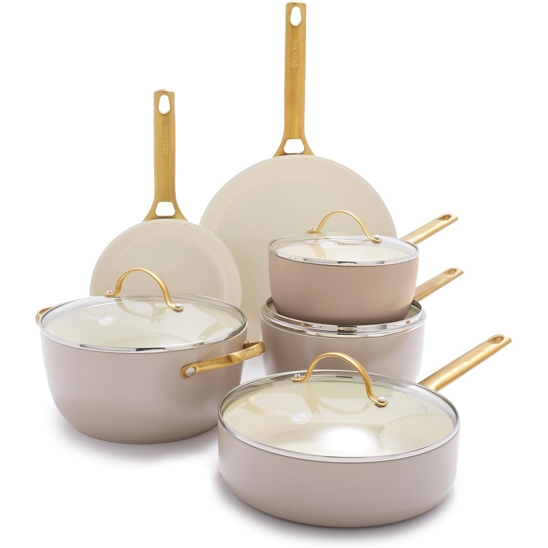 GreenPan Reserve 10 Piece Cookware Set, Non-Toxic PFAS-Free Hard Anodized Healthy Ceramic Nonstick, Stainless Steel Gold Handle, Glass Lids, Dishwasher Safe, Oven & Broiler Safe, Taupe Brown | Bigbigmart.com
