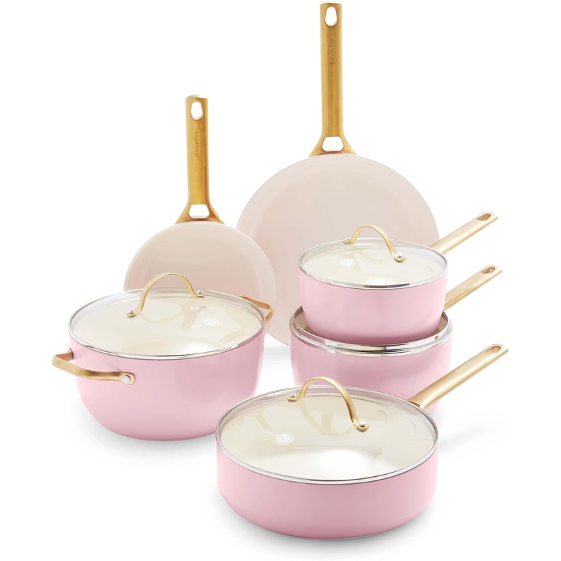 GreenPan Reserve Hard Anodized Healthy Ceramic Nonstick 10 Piece Cookware Pots and Pans Set, Gold Handle, PFAS-Free, Dishwasher Safe, Oven Safe, Blush Pink | Bigbigmart.com