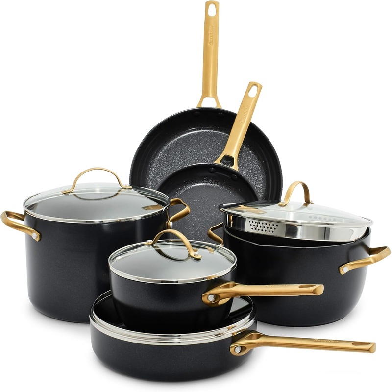 GreenPan Reserve Hard Anodized Healthy Ceramic Nonstick 10 Piece Cookware Pots and Pans Set, Gold-Tone Stainless Steel Handles, PFAS & PFOA-Free, Dishwasher Safe, Oven & Broiler Safe, Black | Bigbigmart.com