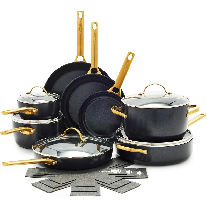 GreenPan Reserve Hard Anodized Healthy Ceramic Nonstick, 16 Piece Cookware Pots and Pans Set, Gold Handle, PFAS-Free, Dishwasher Safe, Oven Safe, Black | Bigbigmart.com