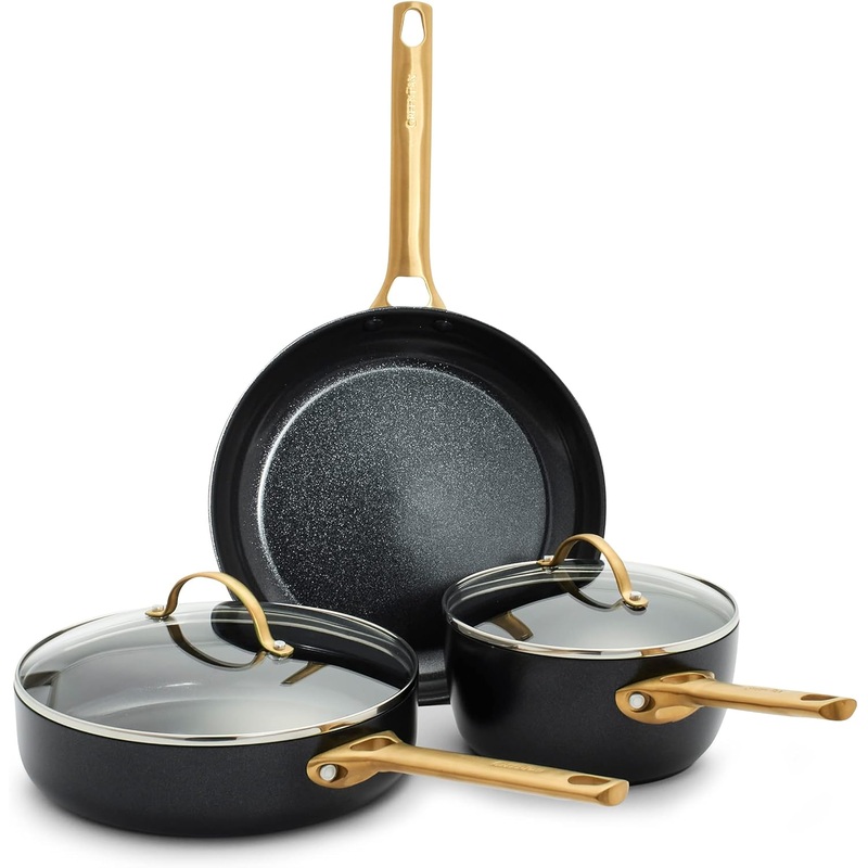 GreenPan Reserve Hard Anodized Healthy Ceramic Nonstick 5 Piece Cookware Pots and Pans Set, Gold Handle, PFAS-Free, Dishwasher Safe, Oven Safe, Black | Bigbigmart.com