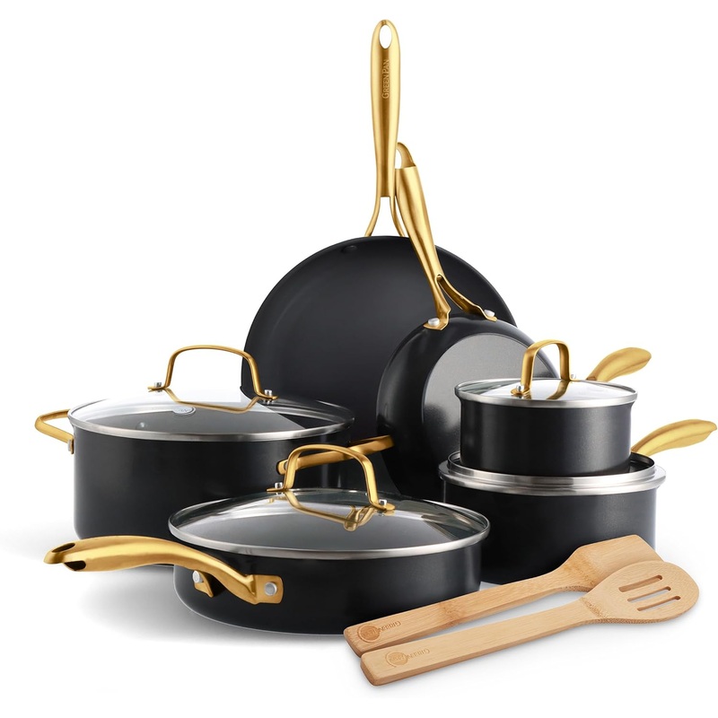 GreenPan Swift 12 Piece Cookware Pot and Pans Set, PFAS & PFOA-Free Healthy Ceramic Nonstick, Gold Stainless Steel Handle, Versatile Cooking Essentials, Dishwasher & Oven Safe, Black | Bigbigmart.com